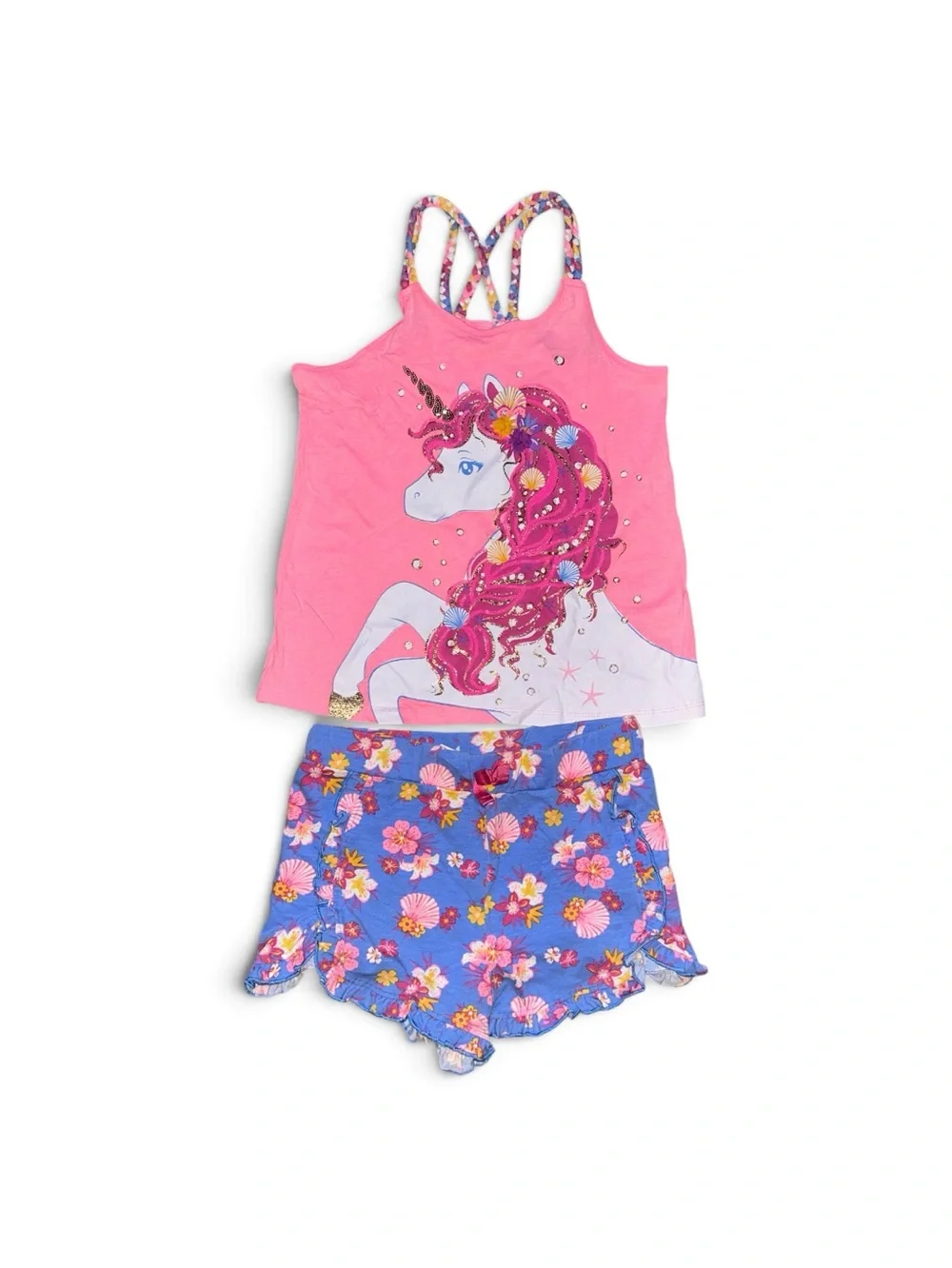Tommy Bahama Girls Knit Tank Top And Shorts Outfit Size 12 Pink Blue Unicorn